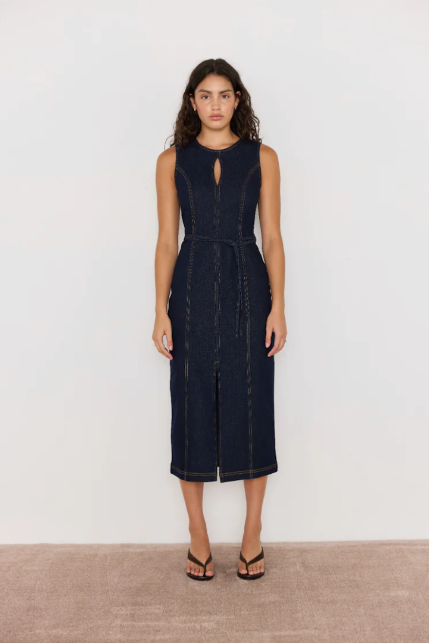 Raya Denim Belted Midi Dress