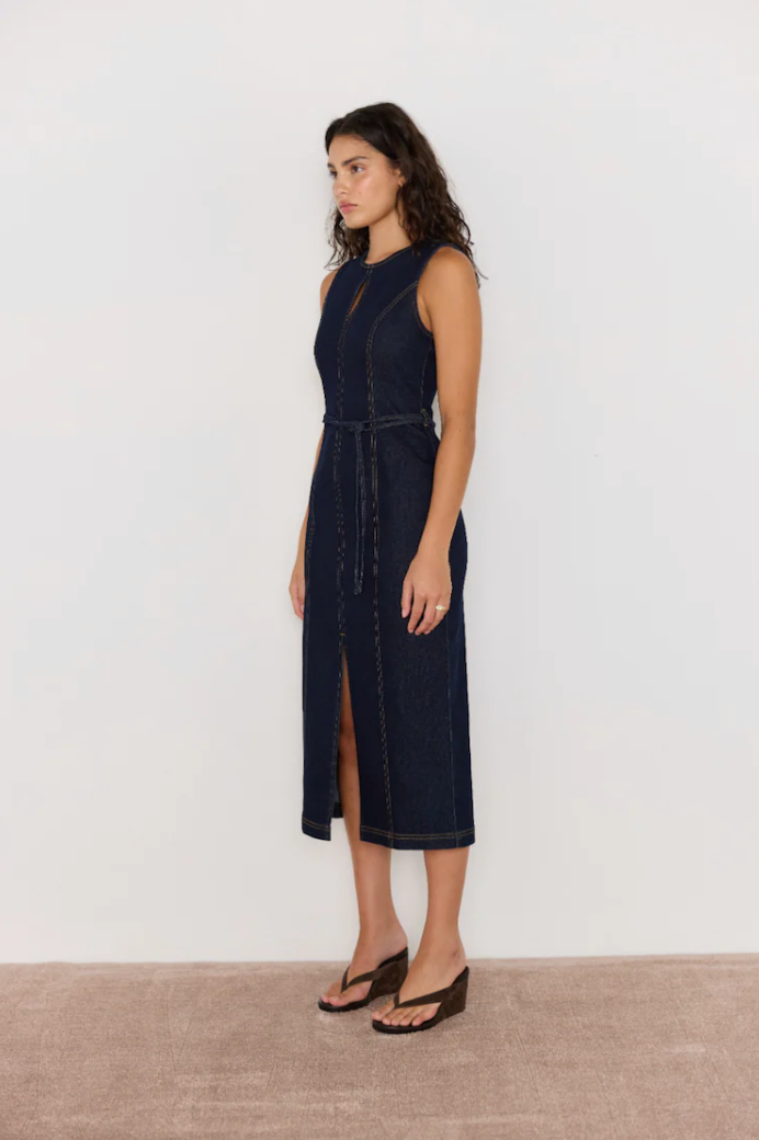 Raya Denim Belted Midi Dress