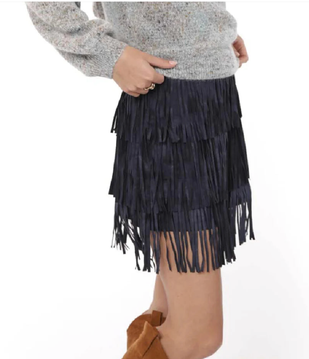 The Groove - Faux Suede Fringe Mini Skirt