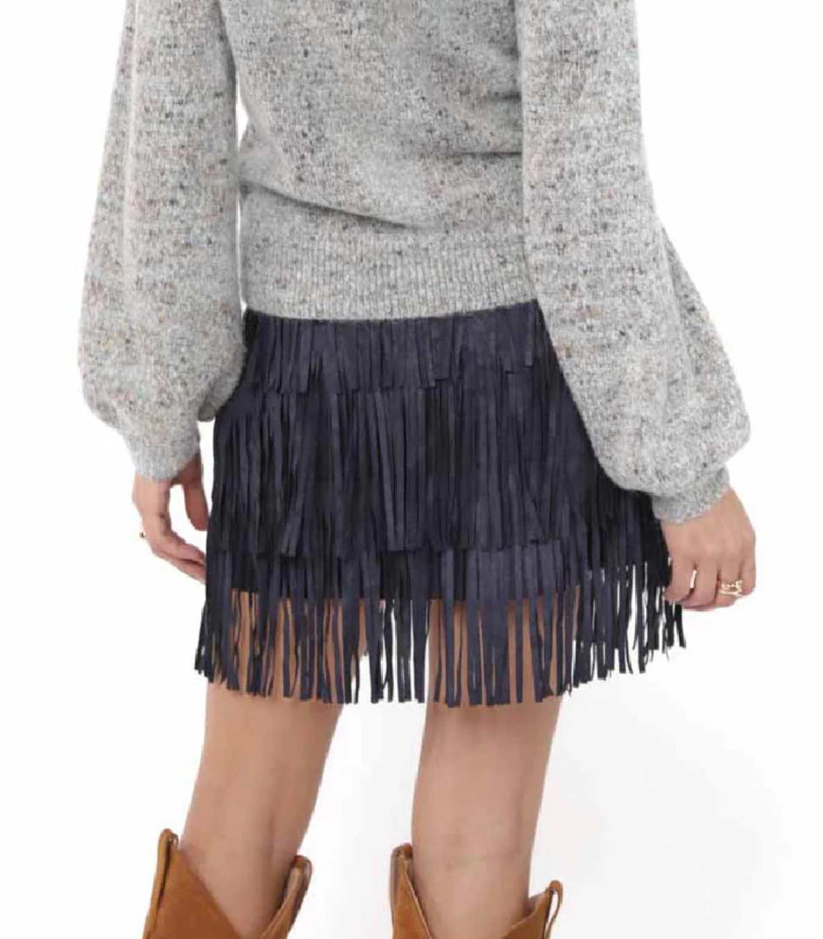 The Groove - Faux Suede Fringe Mini Skirt