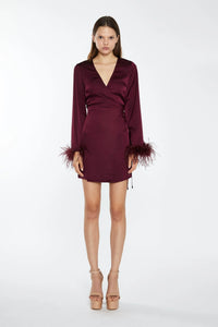 Deep-Burgundy Satin Feather Trim Wrap Mini-Dress