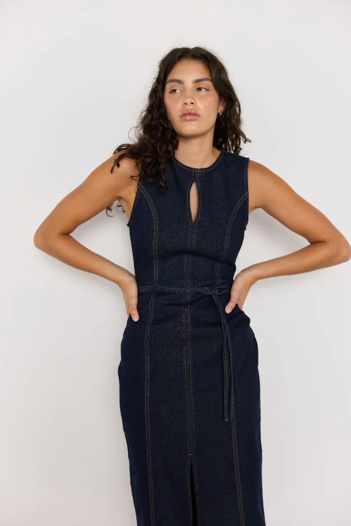 Raya Denim Belted Midi Dress